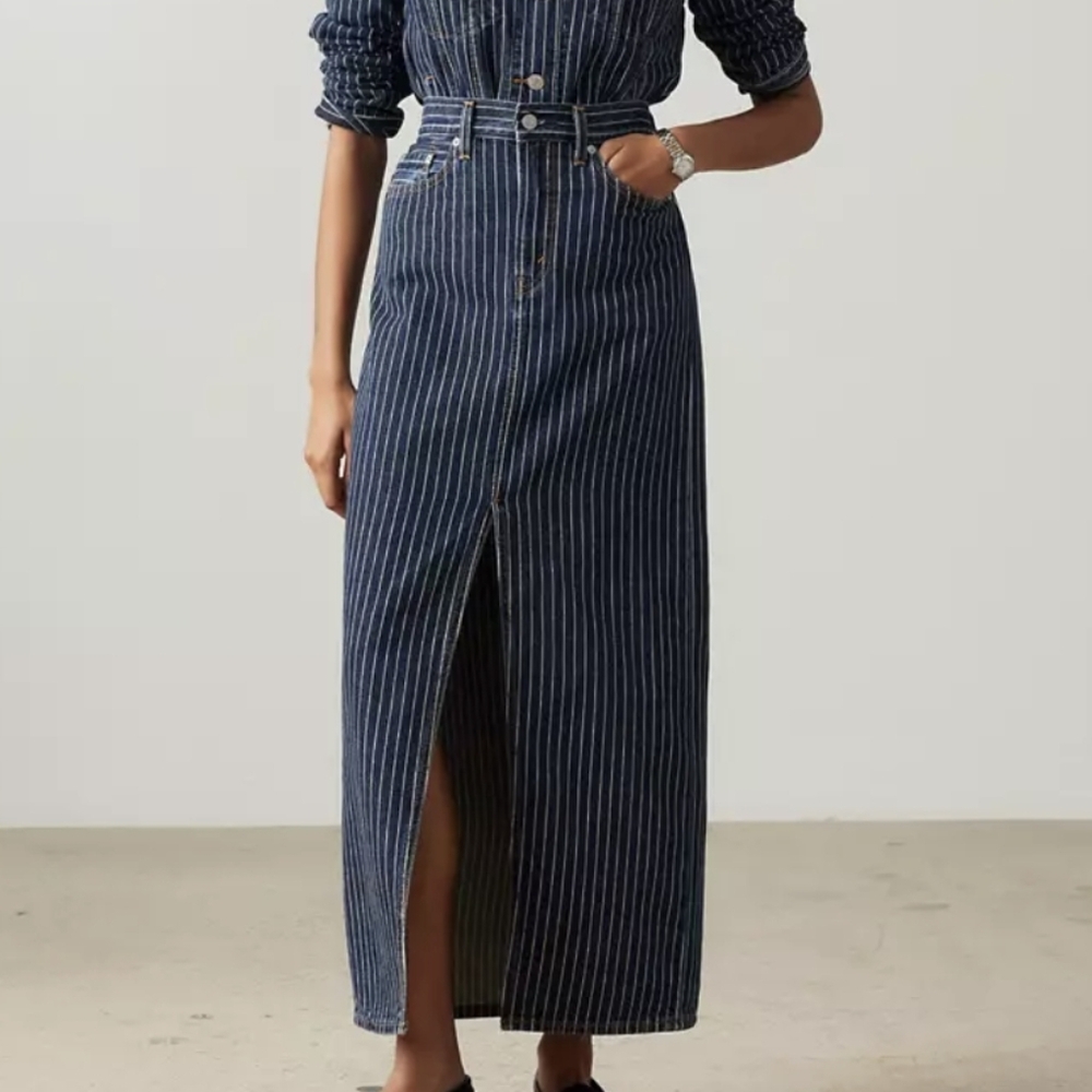 Levi's Ankle Column Mid Rise Midi Skirt - Dark Denim Stripes - Size 26 Waist